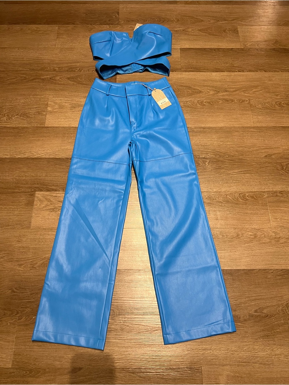 Meshki Bright Blue Wide-Leg High-Waist Faux Leather set